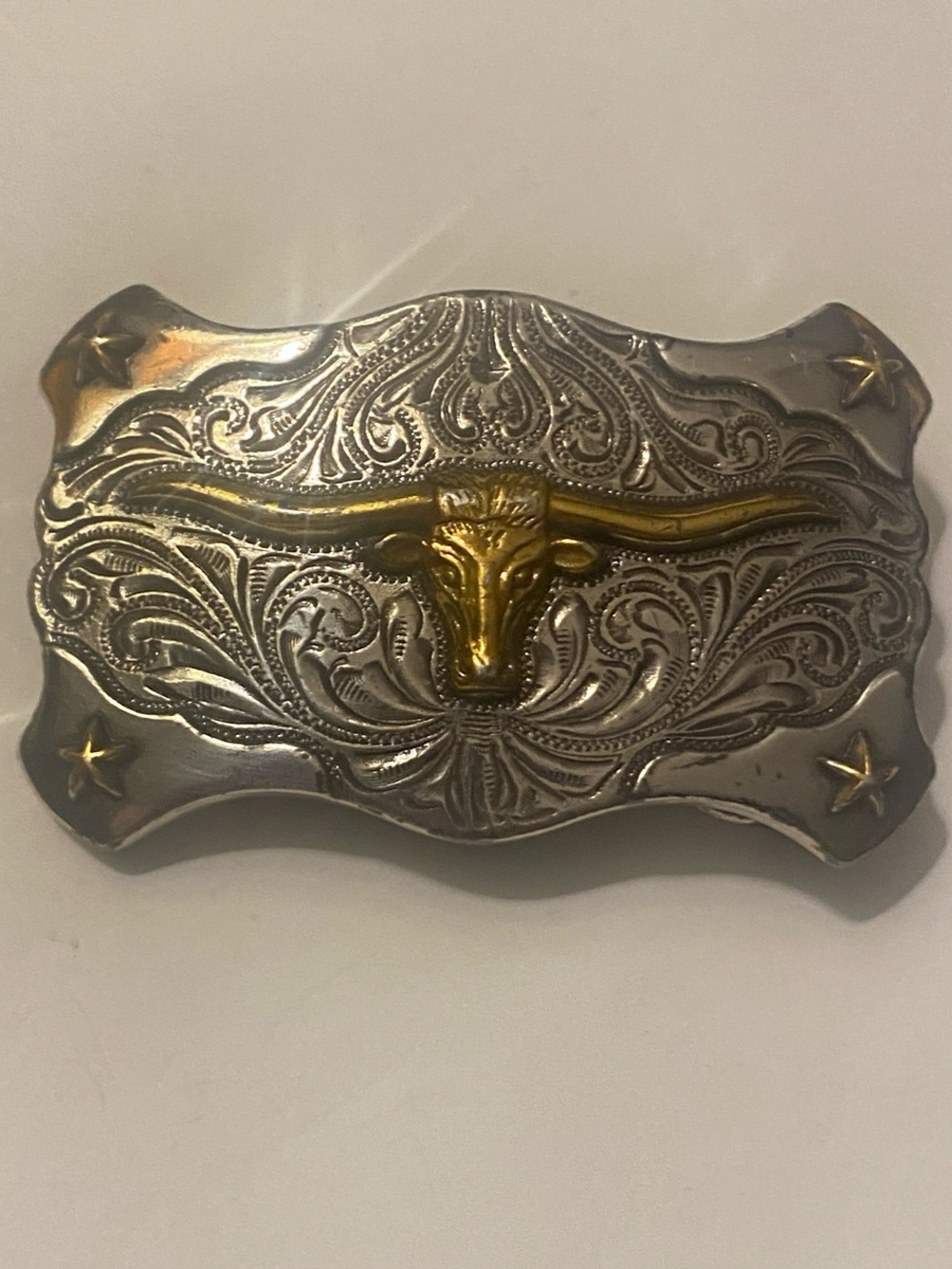 Vintage Western Style Longhorn Steer Belt Buckle Two-Tone Silver & Gold Draign